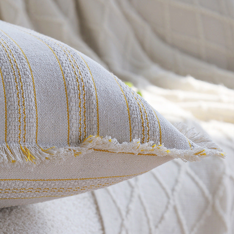 Square decorative cushion cover in linen-cotton blend with fine stripes and decorative fringed edge Kalsten