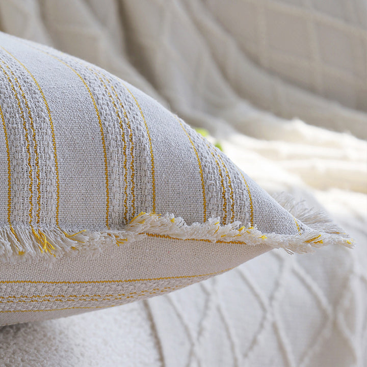 Square decorative cushion cover in linen-cotton blend with fine stripes and decorative fringed edge Kalsten
