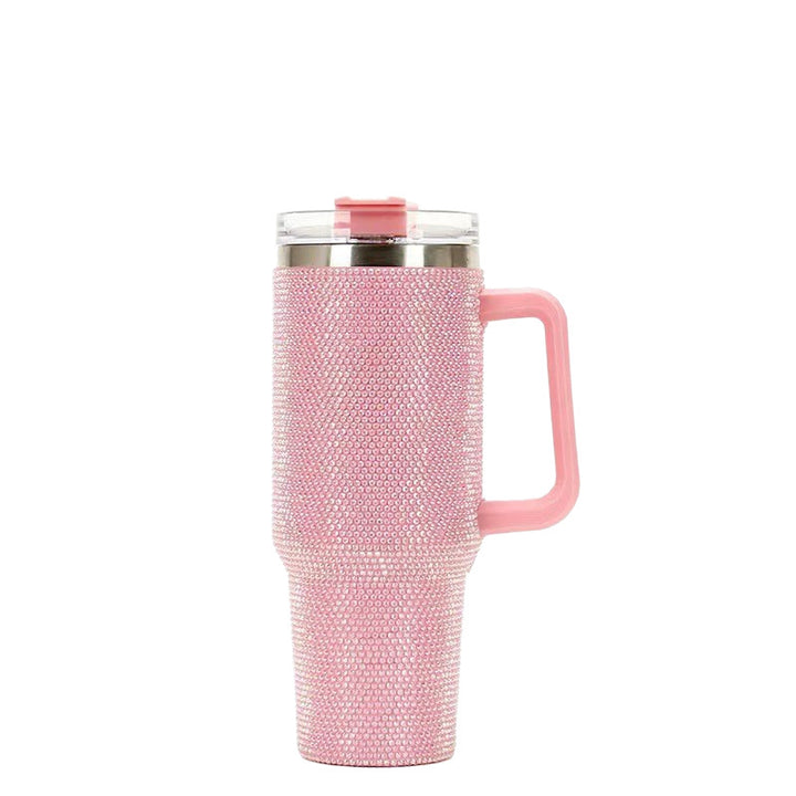 Insulated Stainless Steel Rhinestone Travel Tumbler With Ergonomic Handle And Spill-Resistant Lid