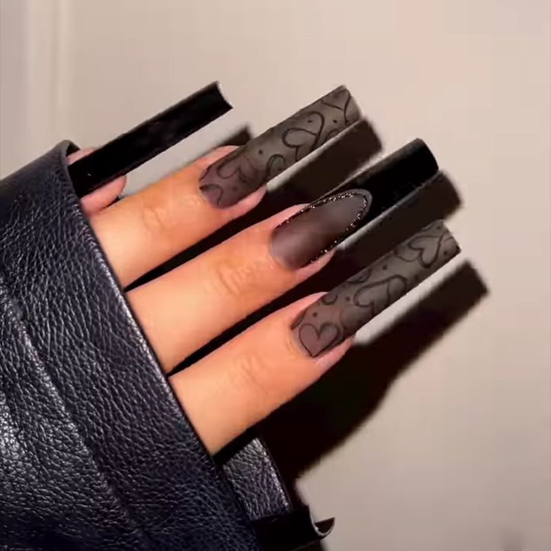 Artistic Long Press-On Nails with Heart Patterns Kalsten