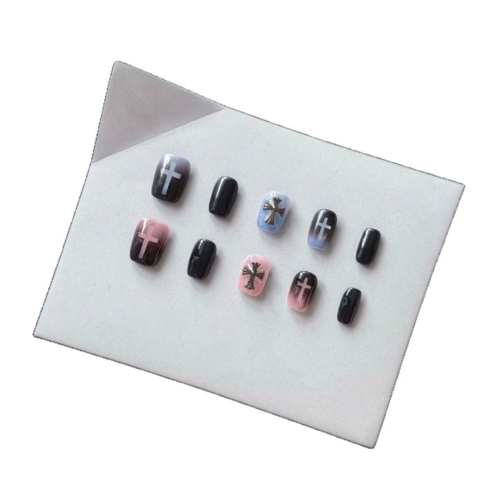 Artistic Press-On Nail Set with Cross and Ombre Design