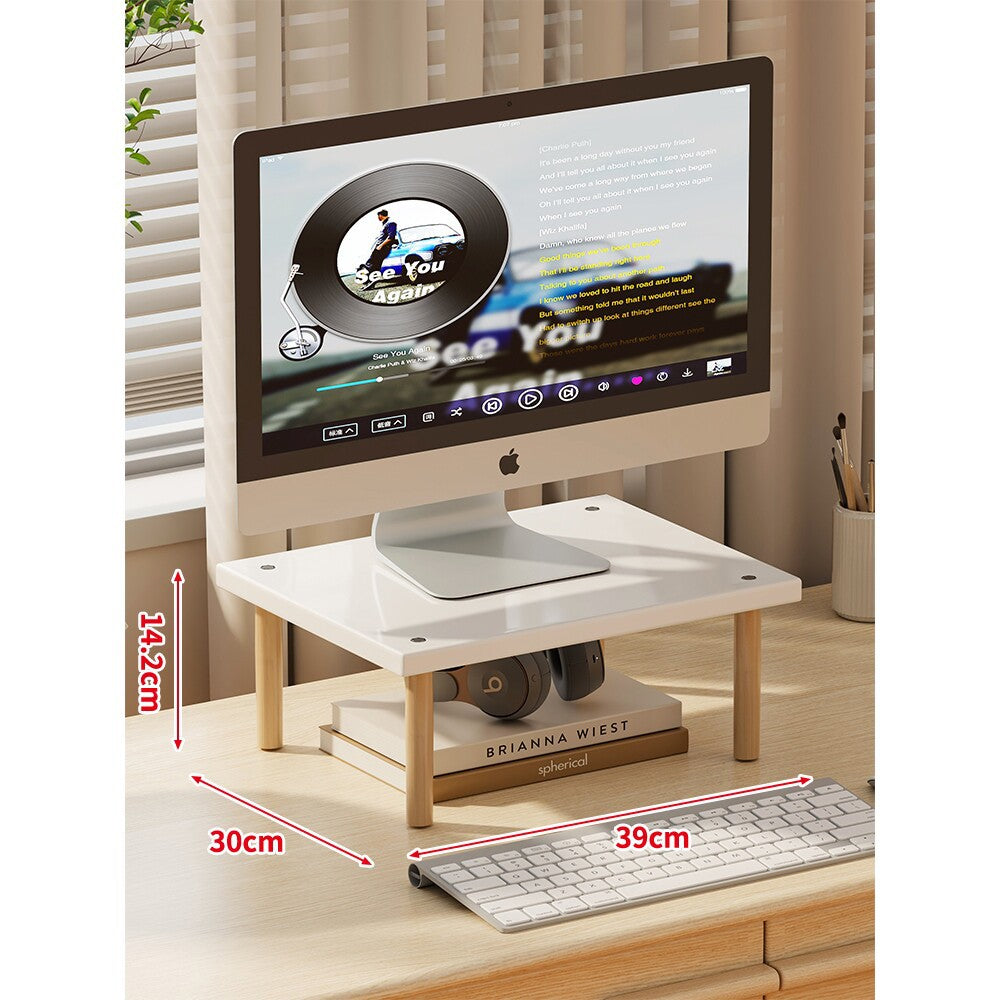 Compact Elevated Monitor Riser Stand with Wooden Legs and Under-Storage