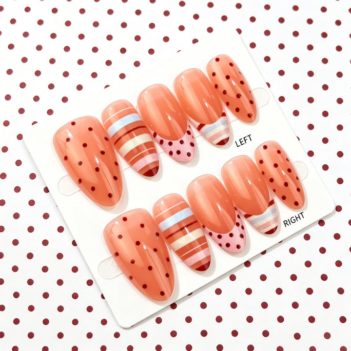 Artistic Press-On Nail Art Set with Playful Polka Dot and Striped Designs Kalsten