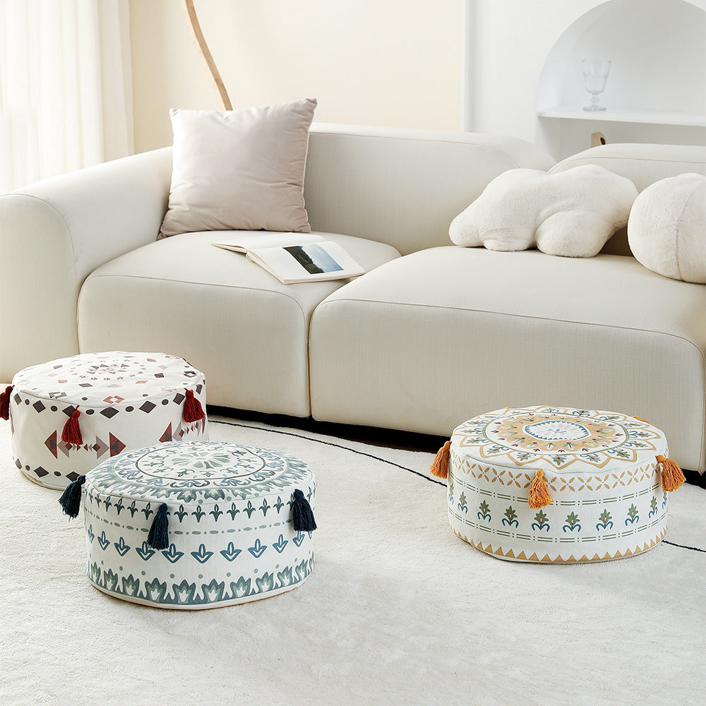 Beef padded seat pouf with ethnic jacquard pattern and sturdy canvas cover