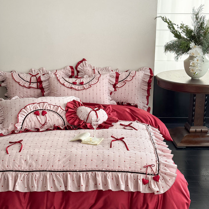 Romantic cotton bedding set with ruffle, heart embroidery and decorative pillow Kalsten