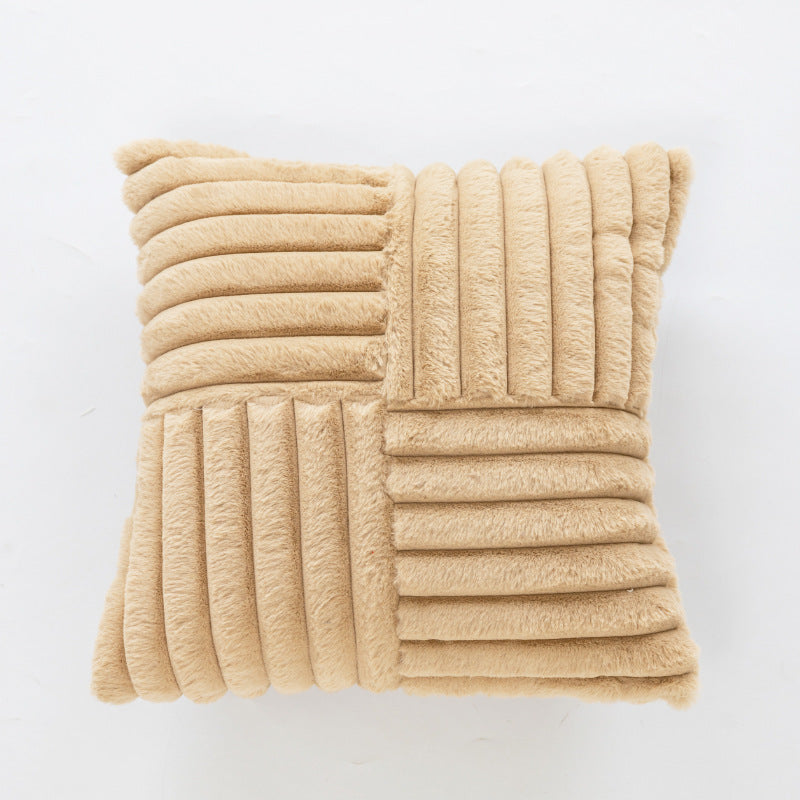 Plush Faux Fur Ribbed Grid Square Throw Pillow with Channel-Quilt Texture