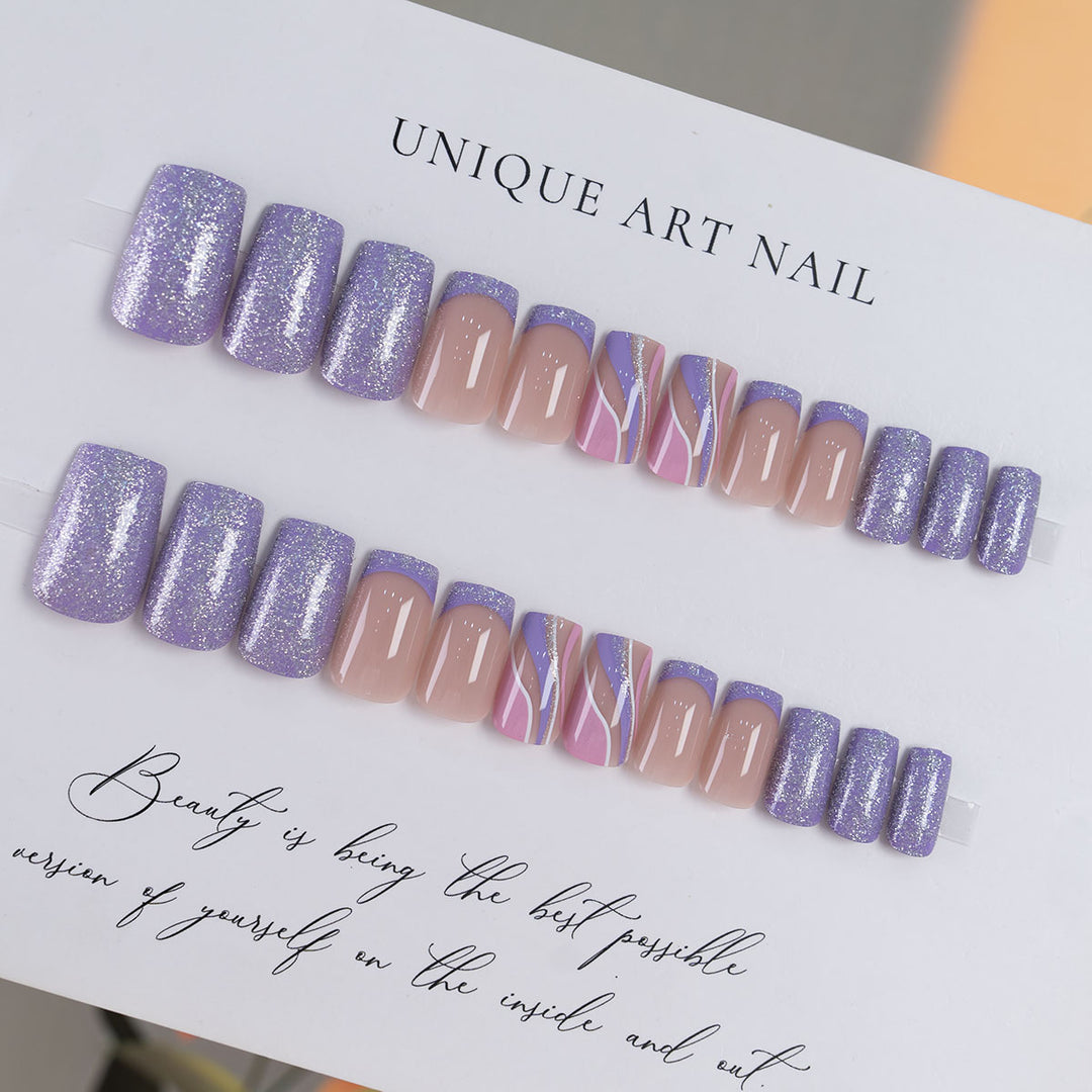 Artistic Press-On Nail Set with Glitter and Abstract Design