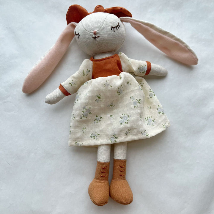 Heirloom-Style Floppy-Ear Bunny Doll with Layered Linen Dress