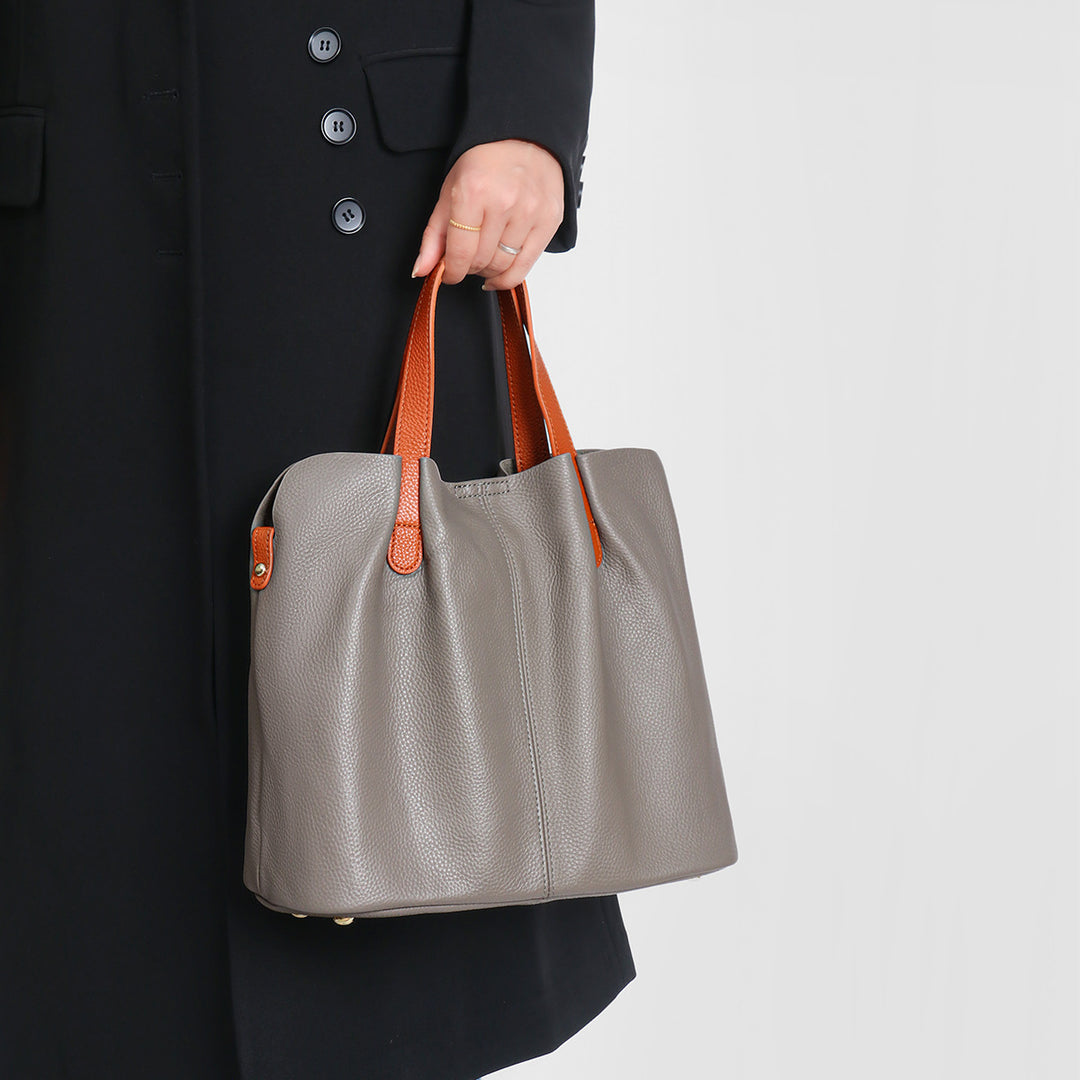 Soft-Grain Leather Ruched Shopper Tote with Contrast Short Handles