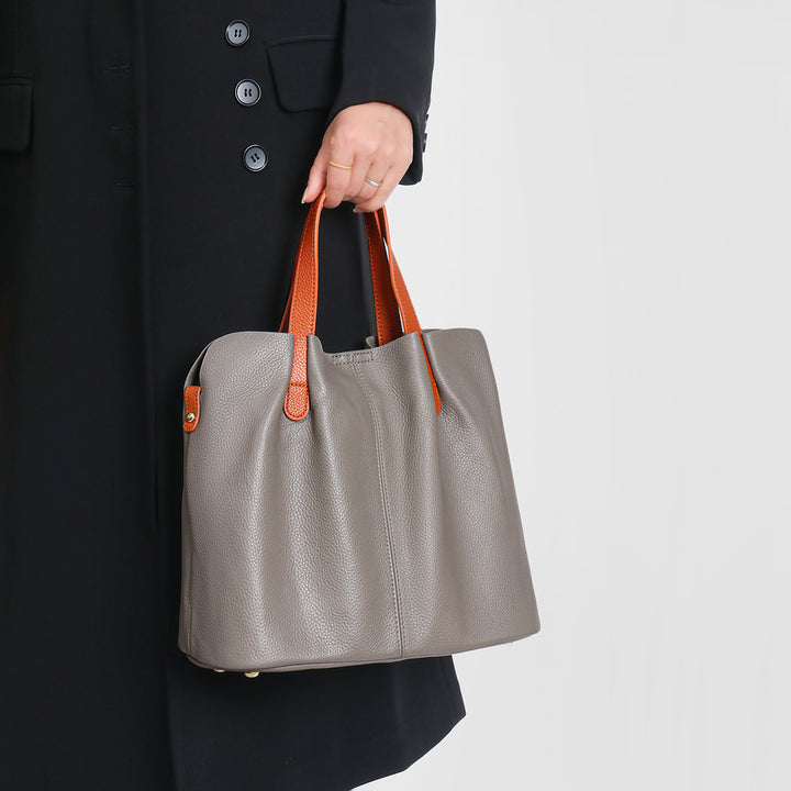 Soft-Grain Leather Ruched Shopper Tote with Contrast Short Handles