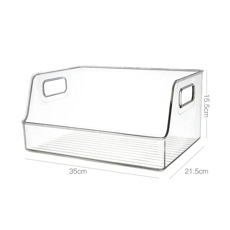 Transparent organizer box with sloping front and integrated handles
