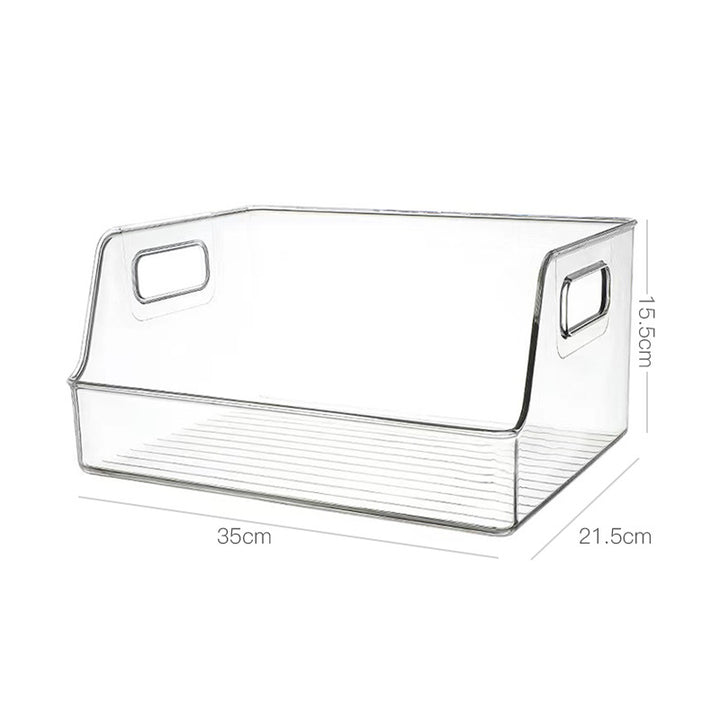 Transparent organizer box with sloping front and integrated handles
