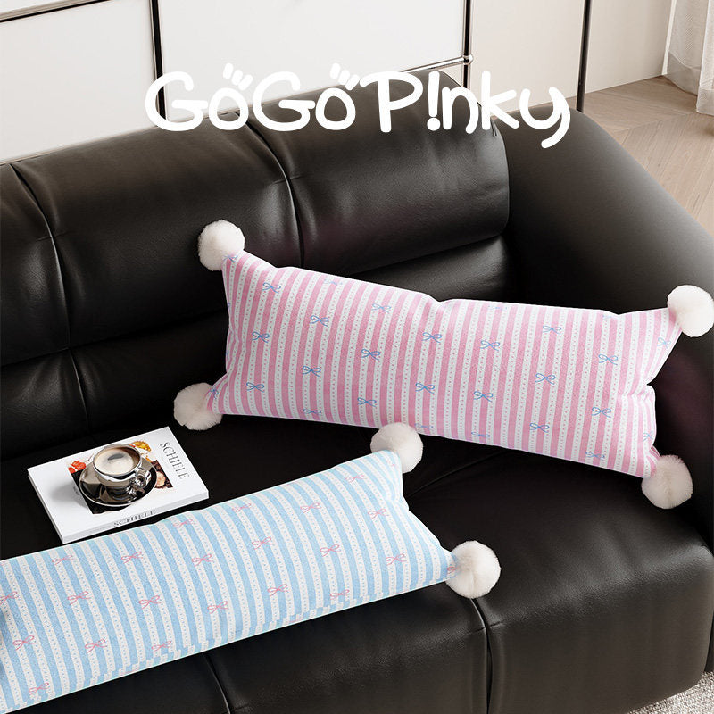 Long Lumbar Decorative Throw Pillow with Pom-Pom Corners and Bow-Striped Cotton-Linen Cover