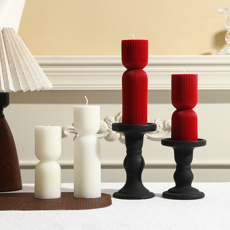 Ribbed Sculptural Double-Stack Pillar Candle Set