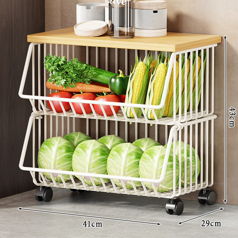 Multi-Tier Rolling Kitchen Fruit and Vegetable Storage Cart with Wood Top
