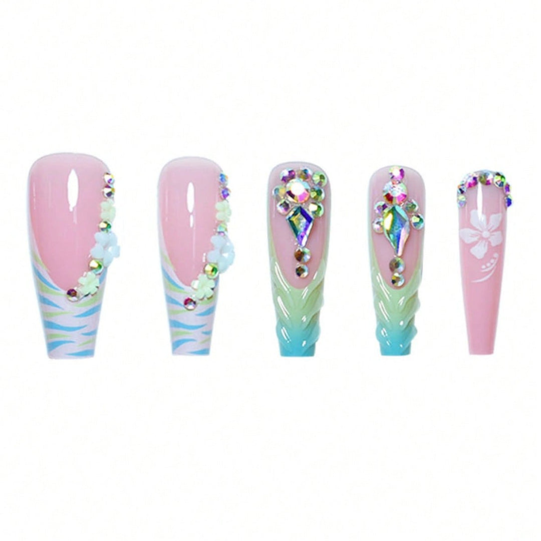 Decorative Long Press-On Nail Art with Gemstone Accents Kalsten