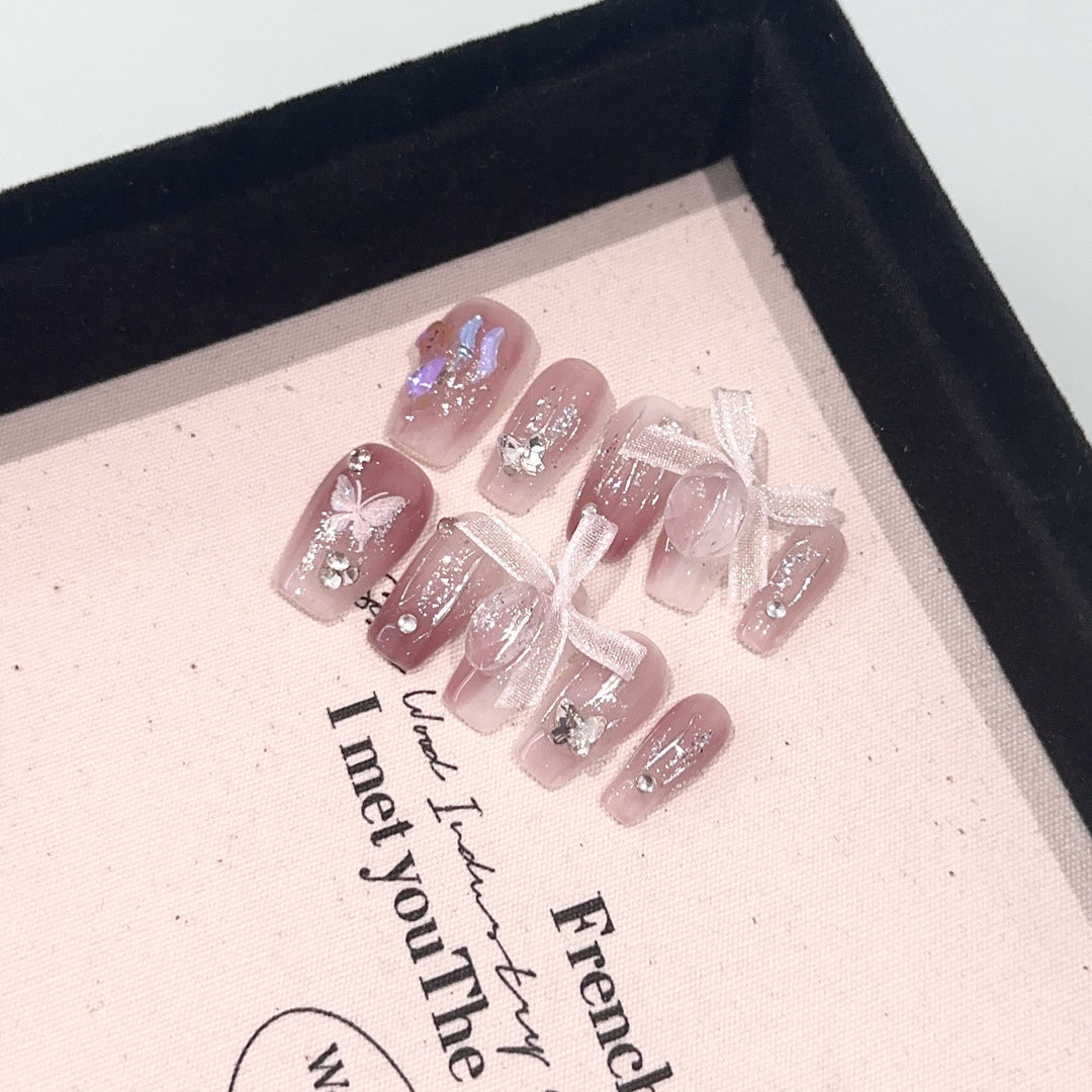Elegant Decorative Press-On Nail Set with Butterfly Accents
