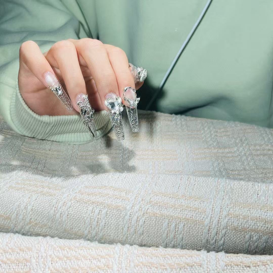Luxury Crystal-Accented Long Nail Art Extensions