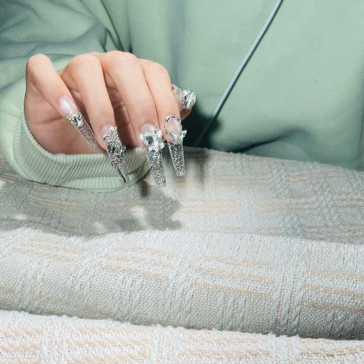 Luxury Crystal-Accented Long Nail Art Extensions