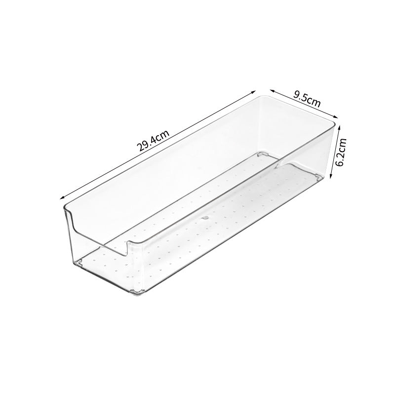 Transparent storage box for refrigerator and cupboard with narrow front opening and anti-slip nubs