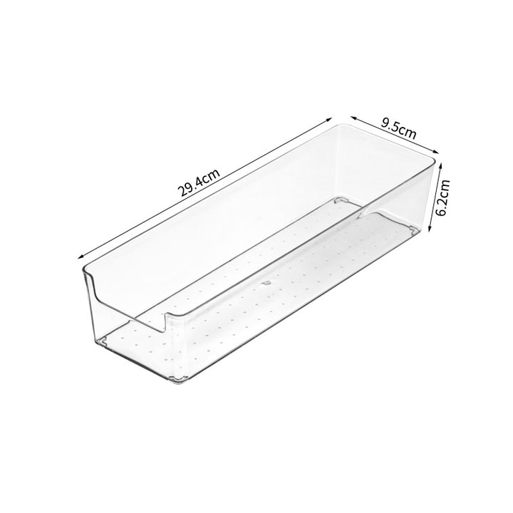 Transparent storage box for refrigerator and cupboard with narrow front opening and anti-slip nubs