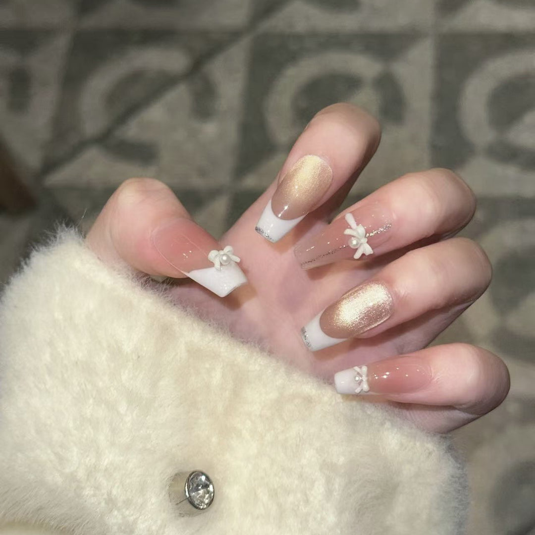 Elegant Reusable Press-On Nail Art Set with Pearl and Glitter Accents Kalsten