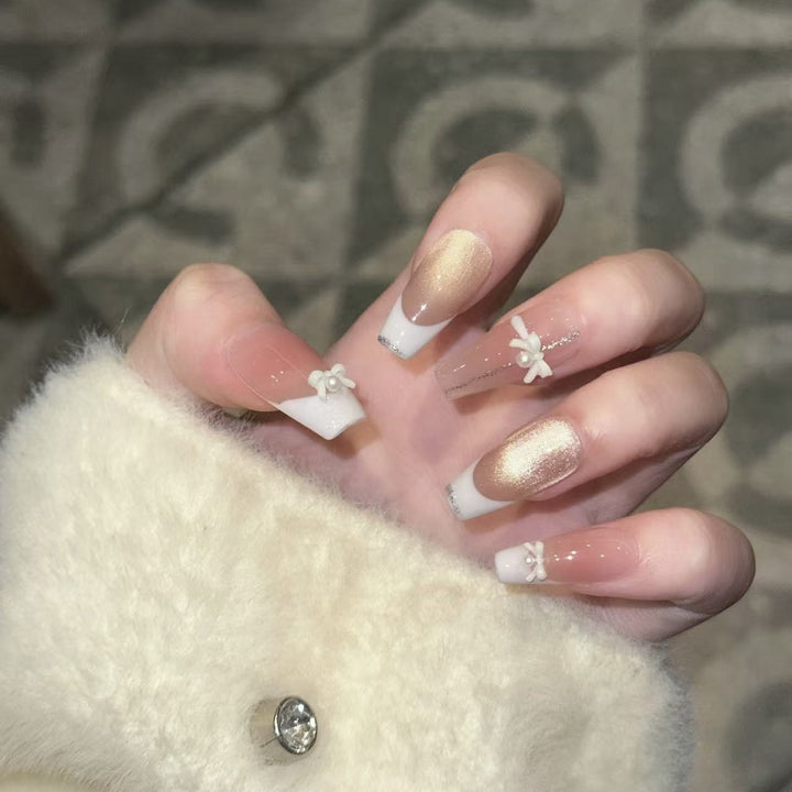 Elegant Reusable Press-On Nail Art Set with Pearl and Glitter Accents Kalsten