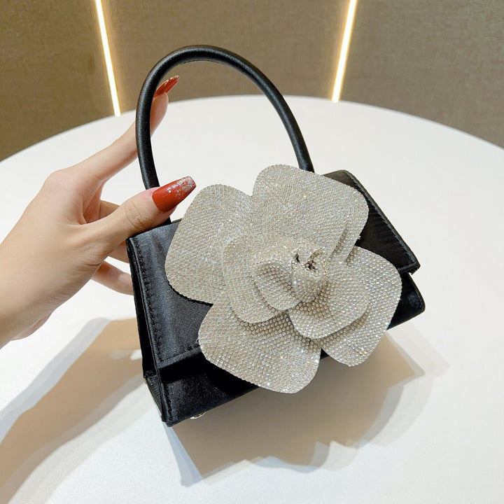 Flower-Embellished Satin Handbag