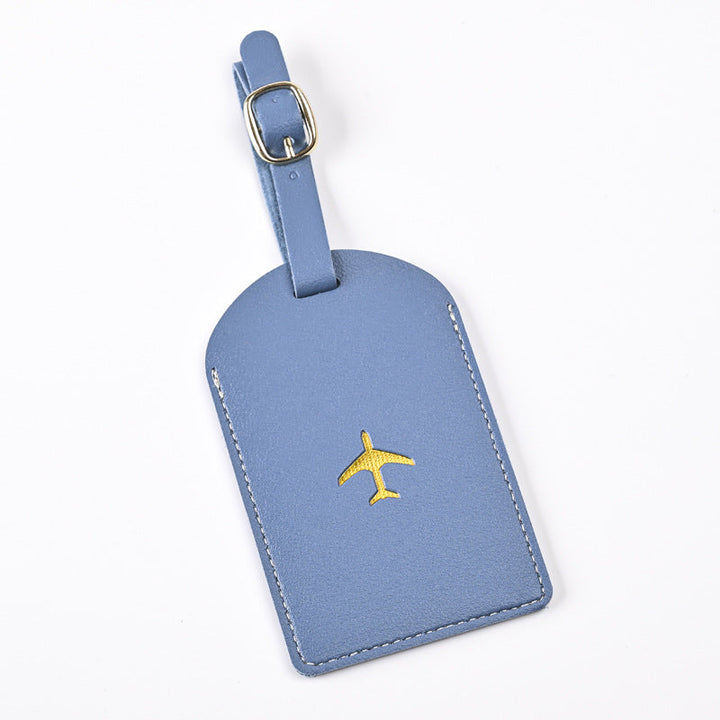 premium leather luggage tag with adjustable buckle strap and embossed airplane Kalsten