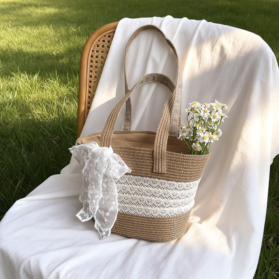 Elegant Lace-Embellished Straw Tote