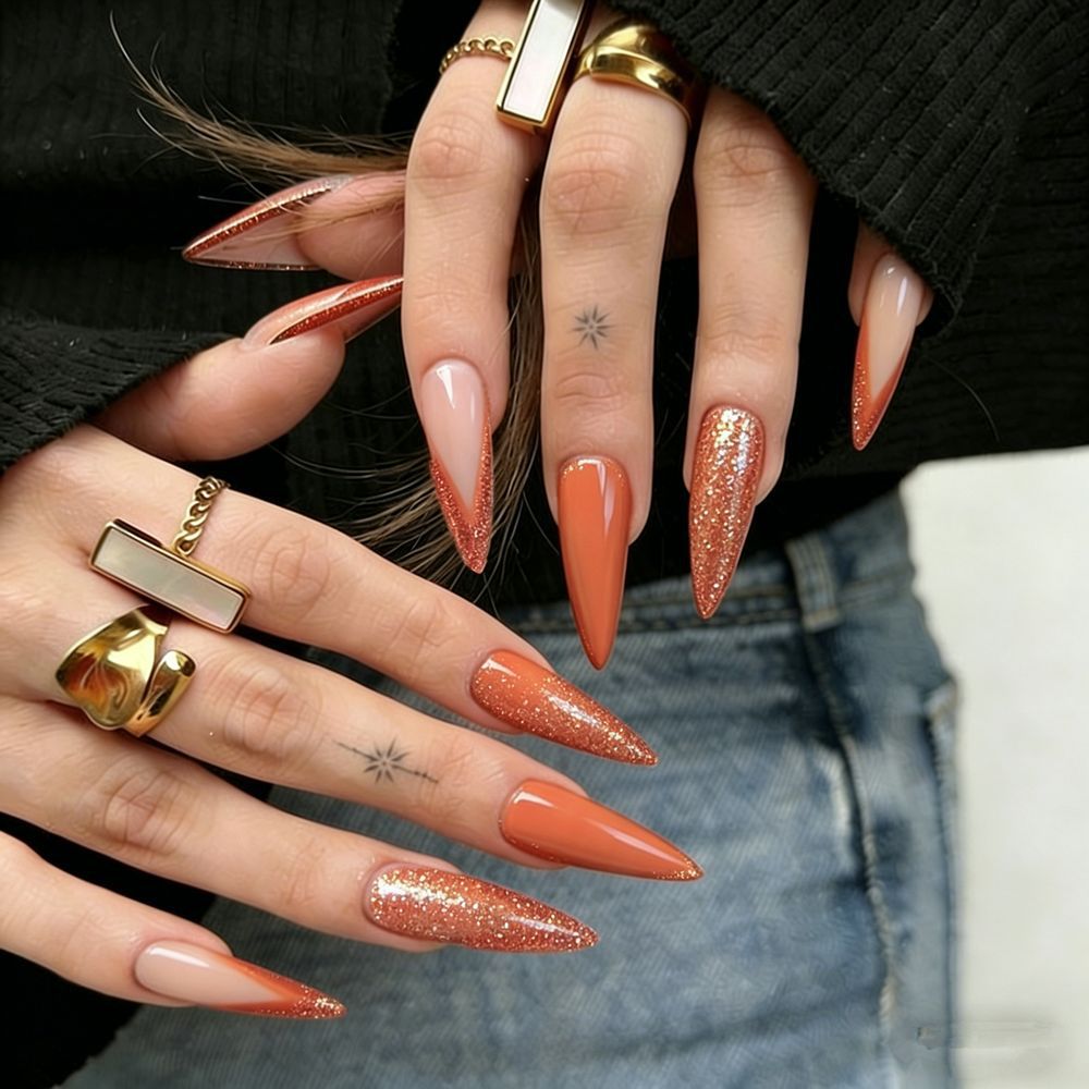 Stiletto-Style Press-On Nail Tips with Glitter Accents