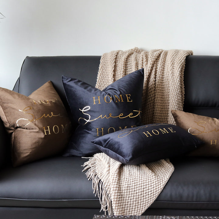 Plush Velvet Rectangular Lumbar Accent Pillow with Metallic Script Embroidery and Hidden Zip