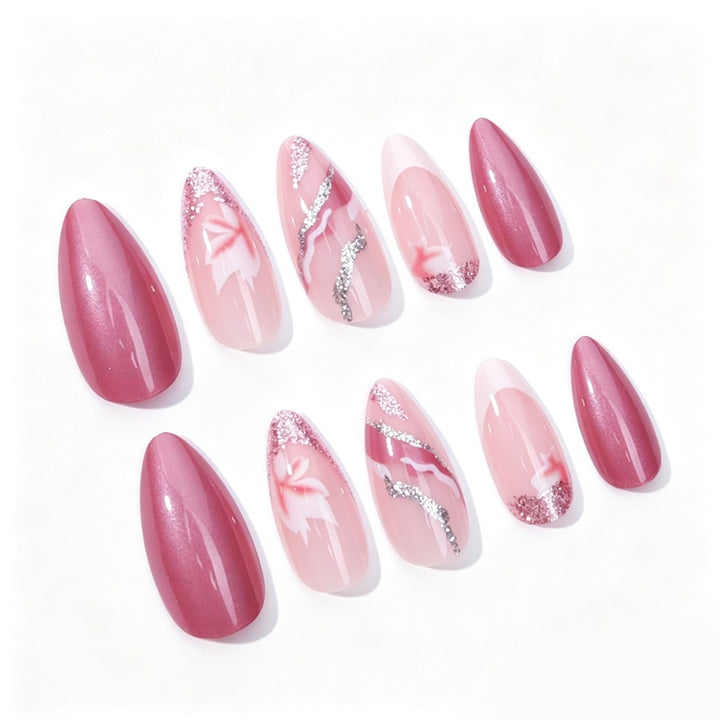 Acrylic nail set with floral patterns and glitter elements Kalsten