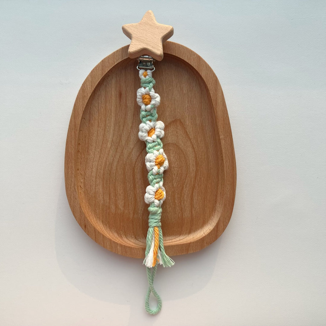 Cotton Crochet Floral Pacifier and Teether Clip with Wooden Heart Safety Clip