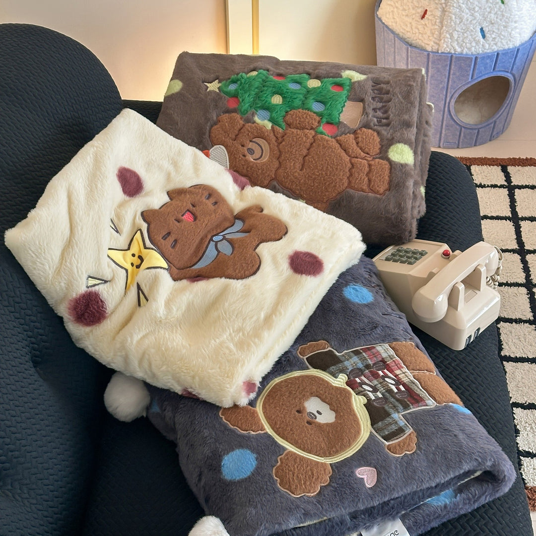 Extra soft microfleece throw blanket with embroidered teddy bear and polka dot design