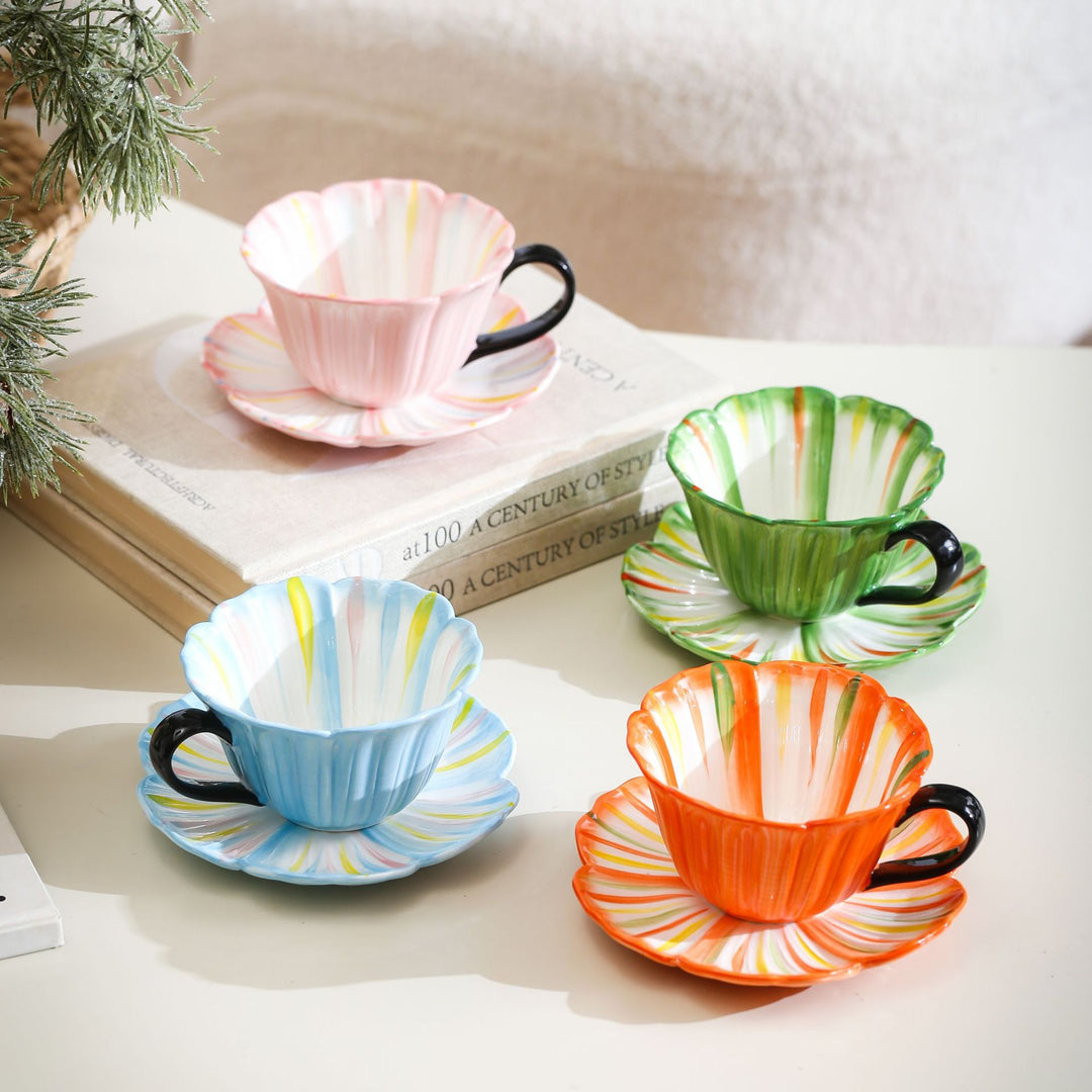 Handcrafted ceramic mug with shell-shaped wave edge and contrasting handle