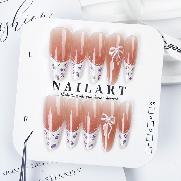 Elegant Press-On Nail Set with Floral and Bow Design Kalsten