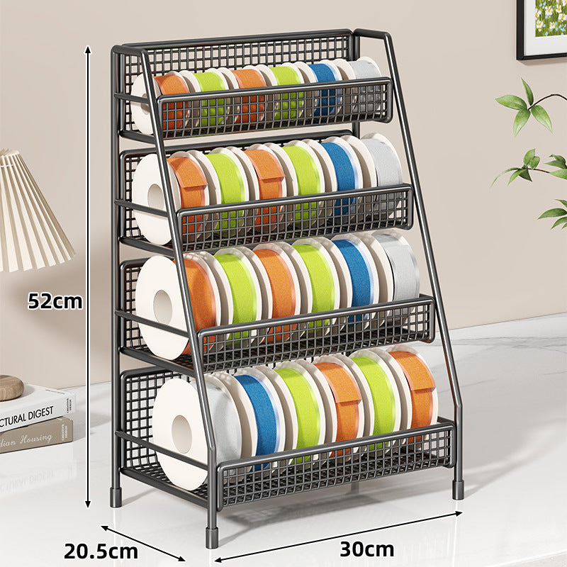 Angled Multi-Tier Spool and Tape Storage Rack with Wire Mesh Baskets