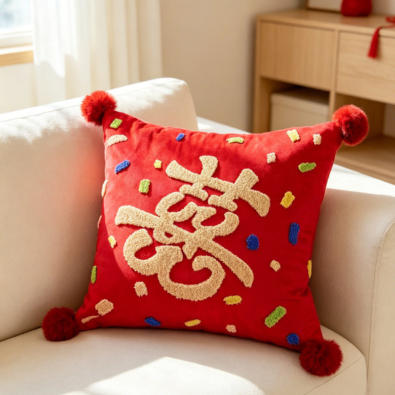 Colorful Chenille Tufted Square Throw Pillow with Plush Pom-Pom Corners and Removable Insert