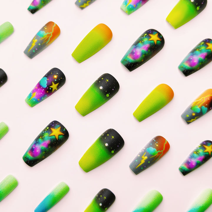Creative acrylic nails with neon galaxy design Kalsten