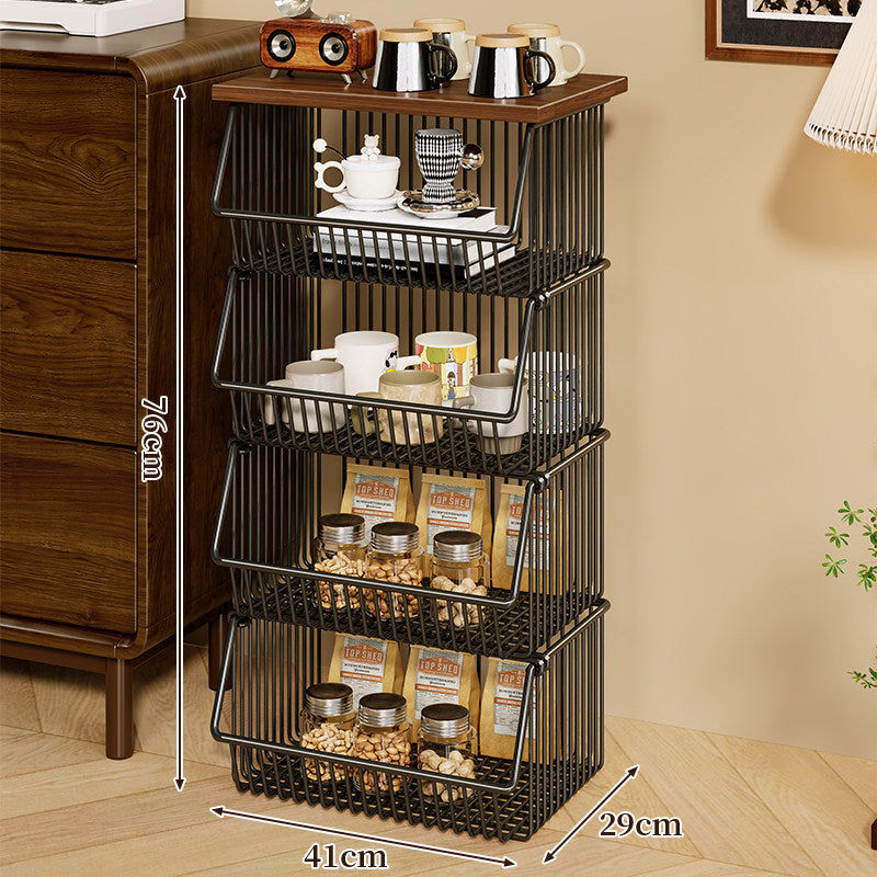 Mobile Four-Tier Kitchen Pantry Organizer Cart with Wood Top and Rolling Wire Baskets