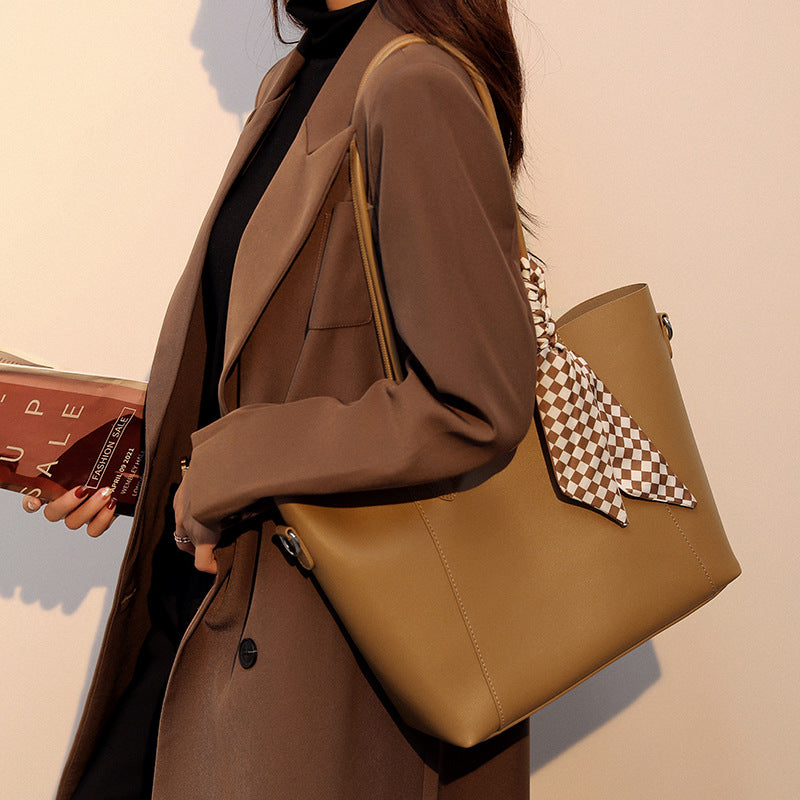 Elegant Leather Tote Bag with Scarf Detail