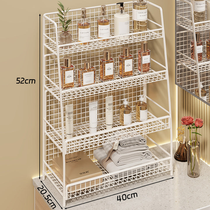 Angled Desktop Mesh Vanity and Countertop Organizer with Three Wire-Tier Baskets and Grid Back