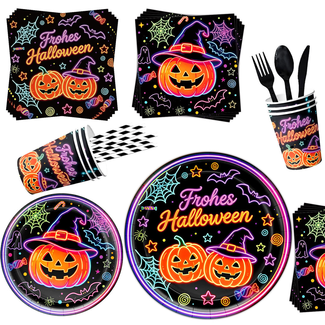 Complete Halloween Party Table Decoration Set with Neon Pumpkin Design Disposable Dinnerware and Garland