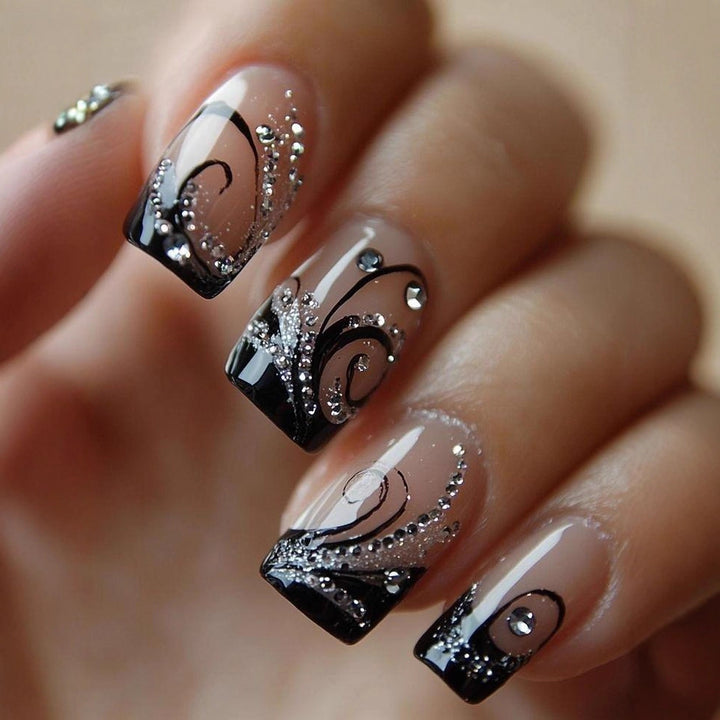 Artificial nails with elegant black and glitter pattern Kalsten