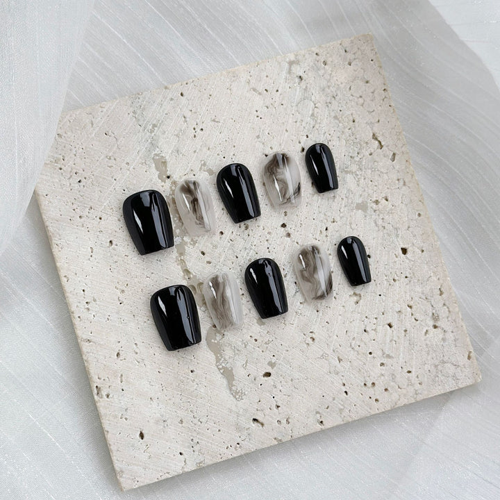 Artistic Gel Press-On Nail Set with Marble and Glossy Finish