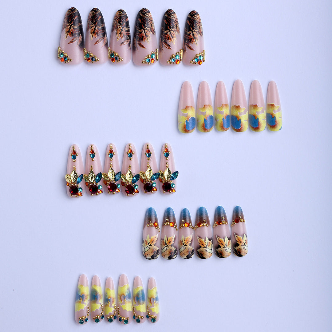 Artificial nails with luxurious 3D decorations and colorful leaf patterns Kalsten