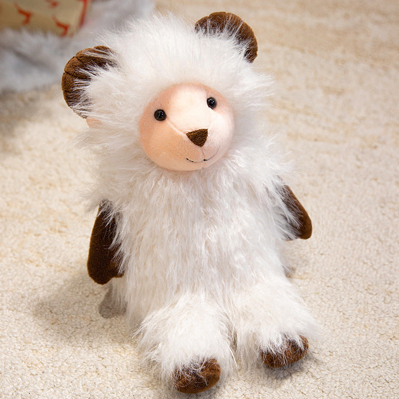Plush Fluffy Ram-Inspired Teddy with Long Faux-Fur Coat and Embroidered Face Kalsten