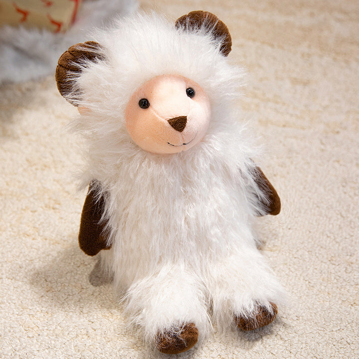 Plush Fluffy Ram-Inspired Teddy with Long Faux-Fur Coat and Embroidered Face Kalsten