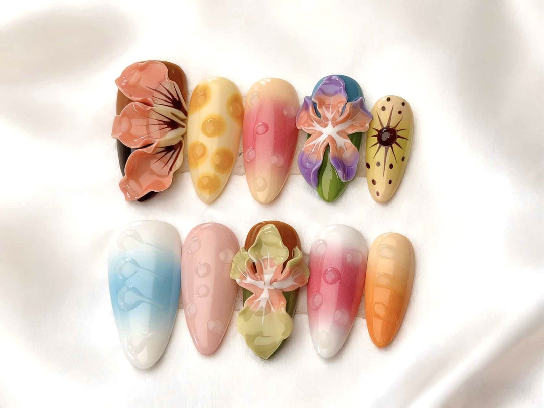Artistic Press-On Nail Set with Floral and Green Accents